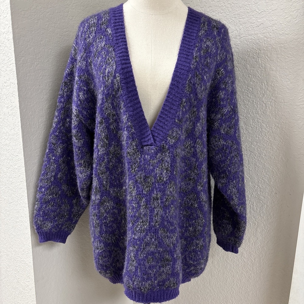 Vintage 1980s 90s Benetton Purple V-Neck Sweater Mohair Blend Italy Sz 46/XL